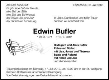 Anzeige von Edwin Bufler von Schwäbische Zeitung
