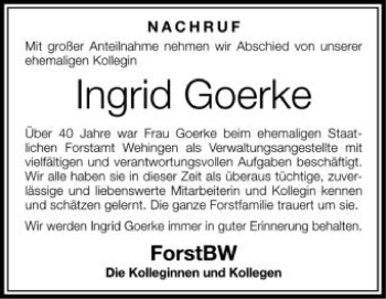 Anzeige von Ingrid Goerke von Schwäbische Zeitung