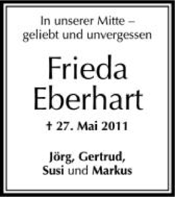 Anzeige von Frieda Eberhart von Schwäbische Zeitung