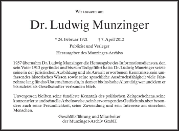 Anzeige von Ludwig Munzinger von Schwäbische Zeitung
