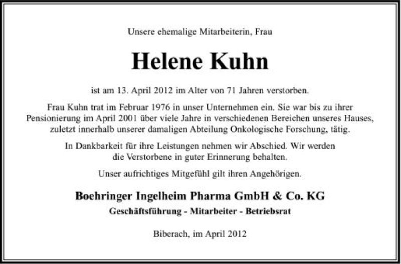  Traueranzeige für Helene Kuhn vom 21.04.2012 aus Schwäbische Zeitung