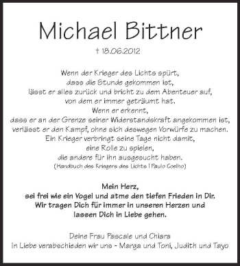 Anzeige von Michael Bittner von Schwäbische Zeitung