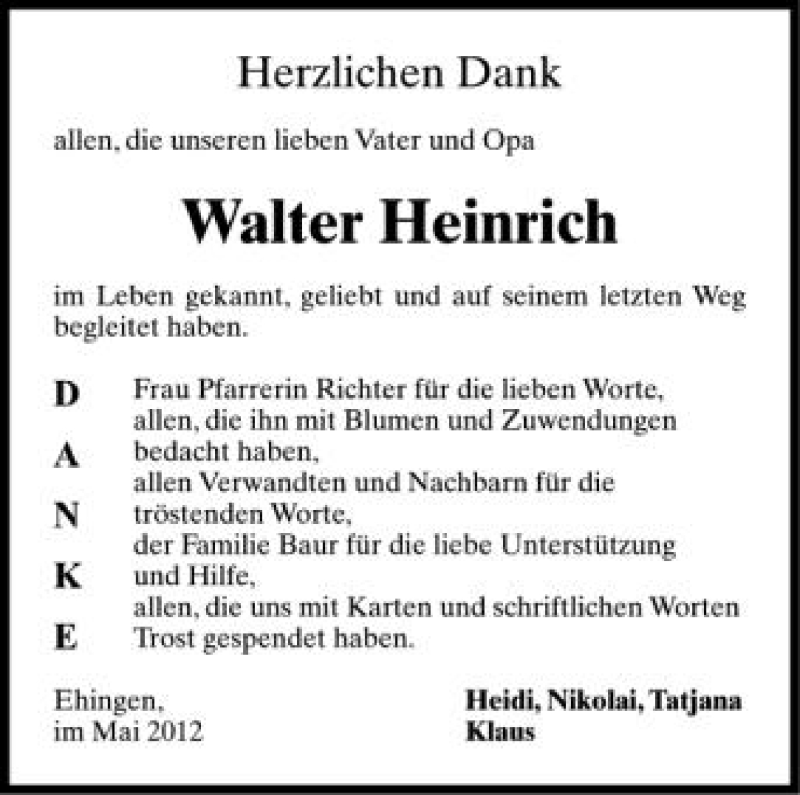  Traueranzeige für Walter Heinrich vom 08.05.2012 aus Schwäbische Zeitung