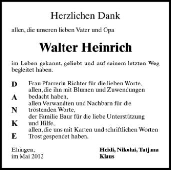 Anzeige von Walter Heinrich von Schwäbische Zeitung