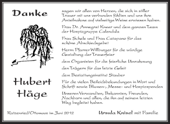 Anzeige von Hubert Häge von Schwäbische Zeitung