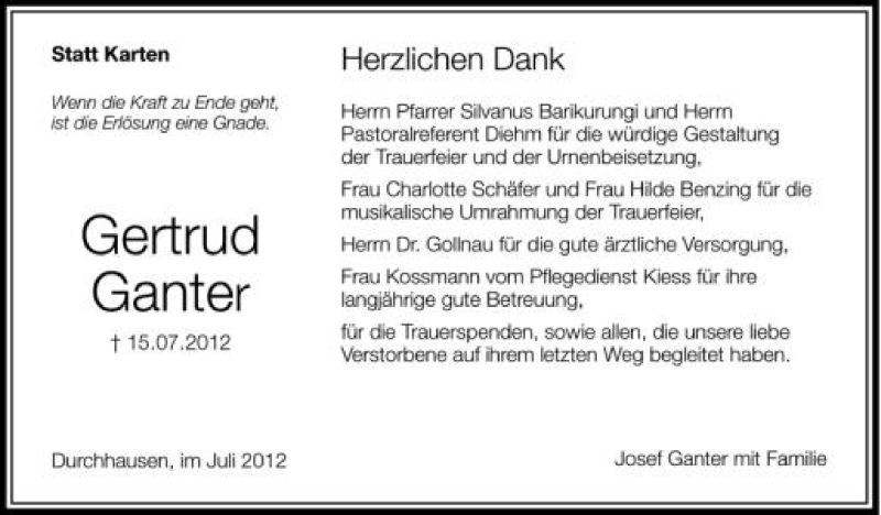  Traueranzeige für Gertrud Ganter vom 27.07.2012 aus Schwäbische Zeitung