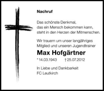 Anzeige von Max Hofgärtner von Schwäbische Zeitung