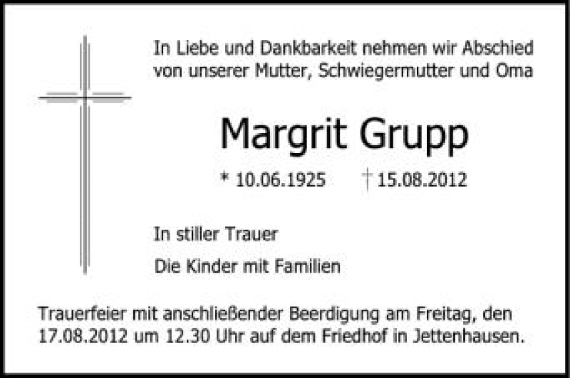  Traueranzeige für Margit Grupp vom 17.08.2012 aus Schwäbische Zeitung