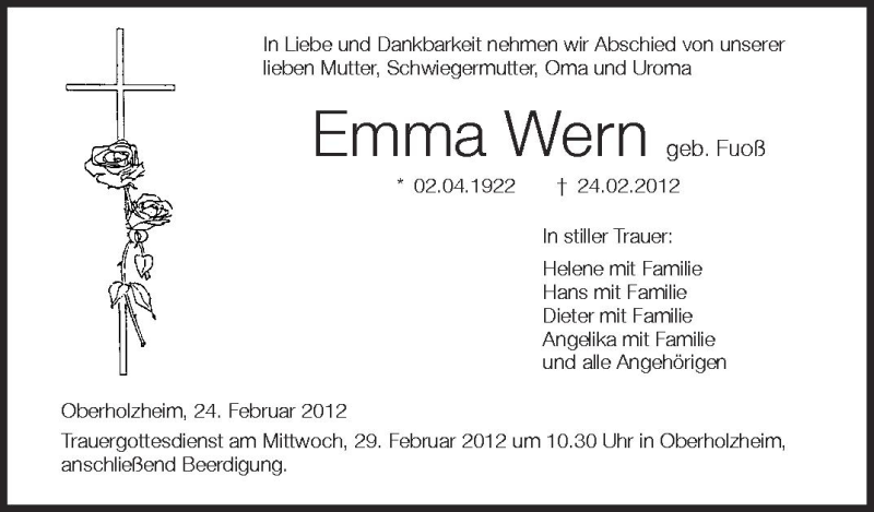  Traueranzeige für Emma Wern vom 27.02.2012 aus Schwäbische Zeitung