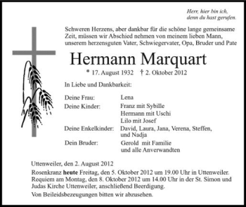 Anzeige von Hermann Marquart von Schwäbische Zeitung