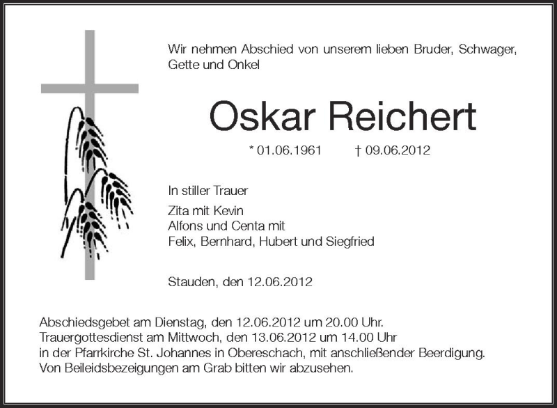  Traueranzeige für Oskar Reichert vom 12.06.2012 aus Schwäbische Zeitung