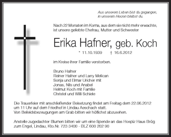 Anzeige von Erika Hafner von Schwäbische Zeitung