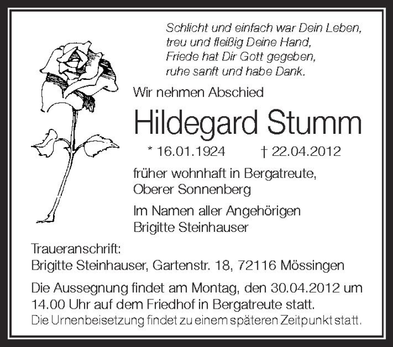  Traueranzeige für Hildegard Stumm vom 30.04.2012 aus Schwäbische Zeitung