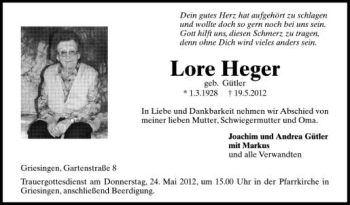 Anzeige von Lore Heger von Schwäbische Zeitung