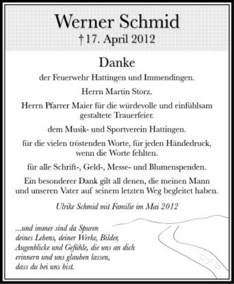  Traueranzeige für werner Schmid vom 05.05.2012 aus Schwäbische Zeitung