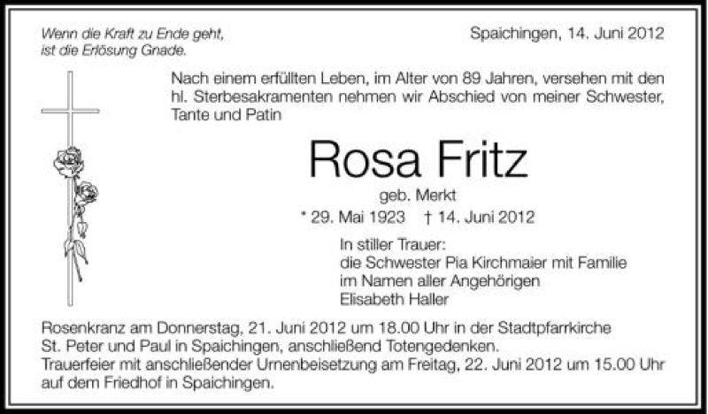  Traueranzeige für Rosa Fritz vom 20.06.2012 aus Schwäbische Zeitung