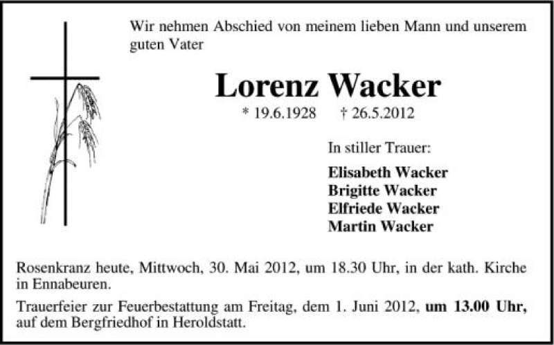  Traueranzeige für Lorenz Wacker vom 30.05.2012 aus Schwäbische Zeitung