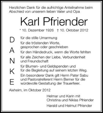 Anzeige von Karl Pfriender von Schwäbische Zeitung
