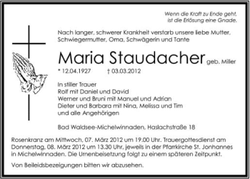Anzeige von Maria Staudacher von Schwäbische Zeitung