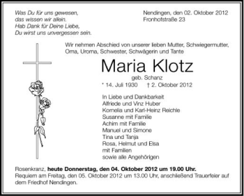 Anzeige von Maria Klotz von Schwäbische Zeitung