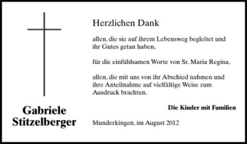 Anzeige von Gabriele Stitzelberger von Schwäbische Zeitung