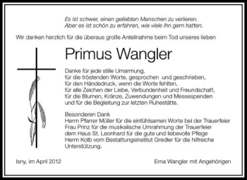 Anzeige von Primus Wangler von Schwäbische Zeitung