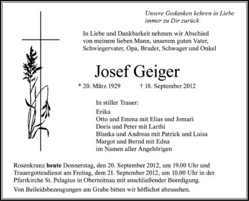  Traueranzeige für Josef Geiger vom 20.09.2012 aus Schwäbische Zeitung