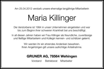 Anzeige von Maria Killinger von Schwäbische Zeitung