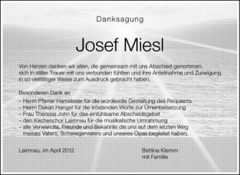 Anzeige von Josef Miesl von Schwäbische Zeitung