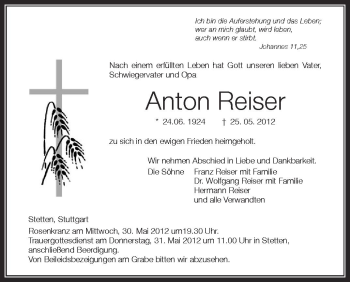 Anzeige von Anton Reiser von Schwäbische Zeitung