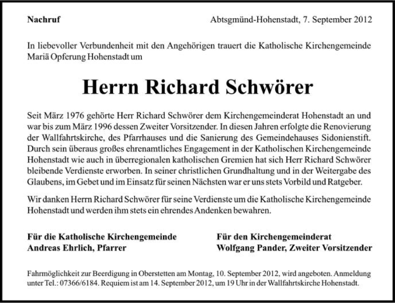 Traueranzeige für Richard Schwörer vom 08.09.2012 aus Schwäbische Zeitung