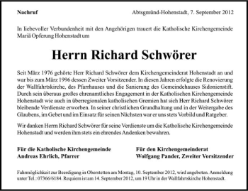 Anzeige von Richard Schwörer von Schwäbische Zeitung