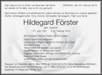 Anzeige von Hildegard Förster von Schwäbische Zeitung