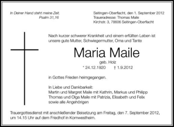 Anzeige von Maria Maile von Schwäbische Zeitung