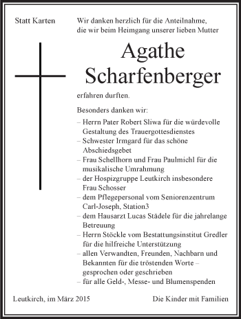 Anzeige von Agathe Scharfenberger von Schwäbische Zeitung