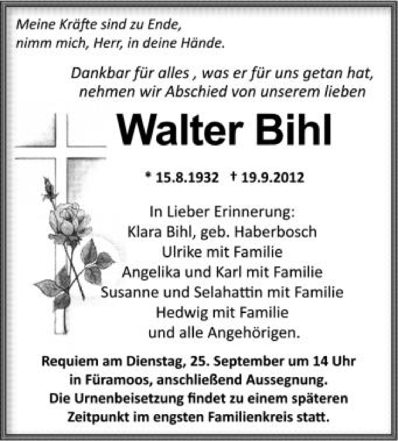  Traueranzeige für Walter Bihl vom 25.09.2012 aus Schwäbische Zeitung