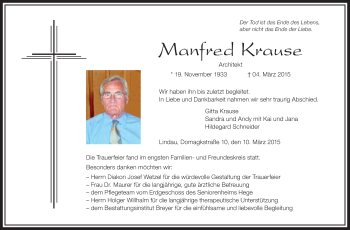 Anzeige von Manfred Krause von Schwäbische Zeitung