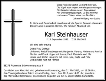 Anzeige von Karl Steinhauser von Schwäbische Zeitung