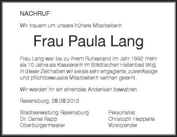 Anzeige von Paula Lang von Schwäbische Zeitung