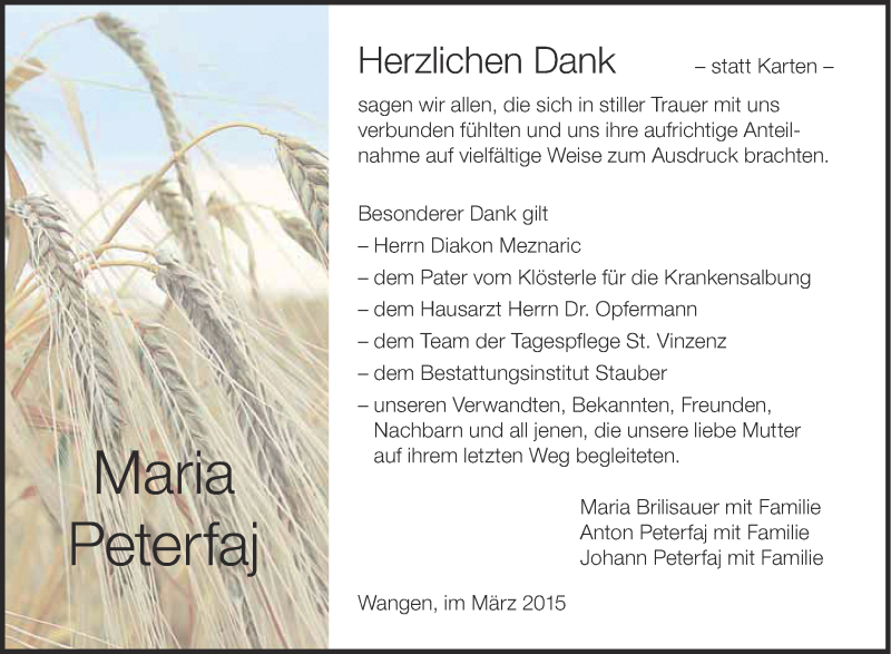  Traueranzeige für Maria Peterfaj vom 18.03.2015 aus Schwäbische Zeitung