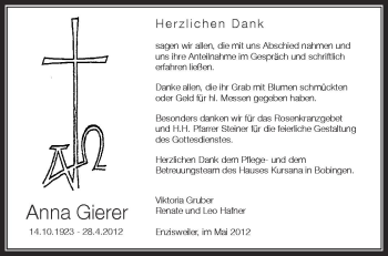 Anzeige von Anna Gierer von Schwäbische Zeitung