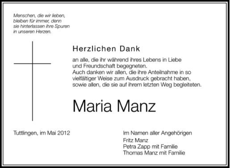  Traueranzeige für Maria Manz vom 23.05.2012 aus Schwäbische Zeitung