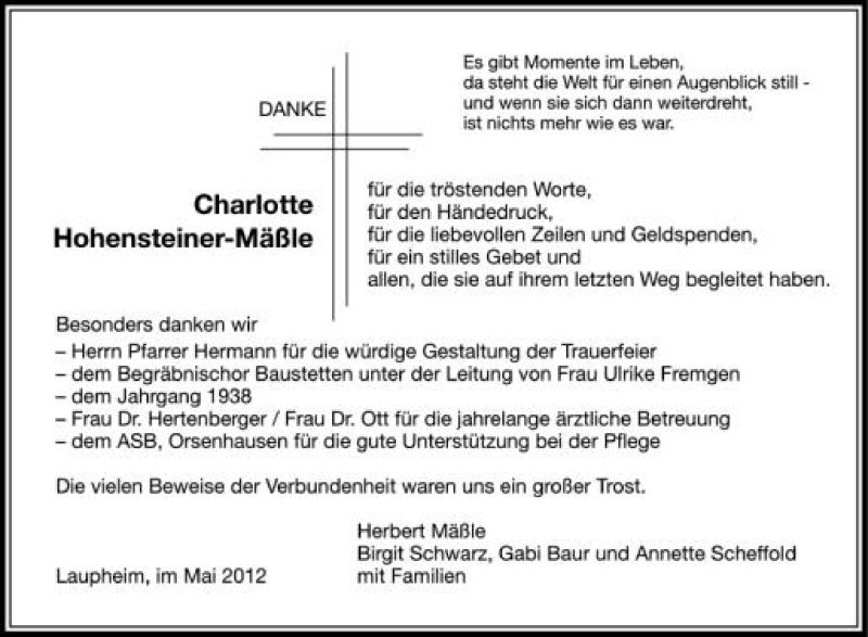  Traueranzeige für Charlotte Hohensteiner-Mnullle vom 16.05.2012 aus Schwäbische Zeitung