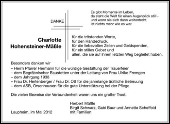 Anzeige von Charlotte Hohensteiner-Mnullle von Schwäbische Zeitung
