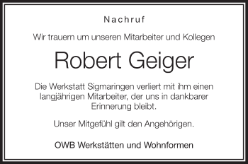 Anzeige von Robert Geiger von Schwäbische Zeitung