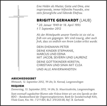 Anzeige von Brigitte Gerhardt von Schwäbische Zeitung