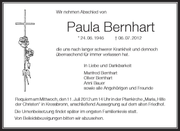 Anzeige von Paula Bernhart von Schwäbische Zeitung