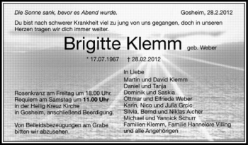 Anzeige von Brigitte Klemm von Schwäbische Zeitung