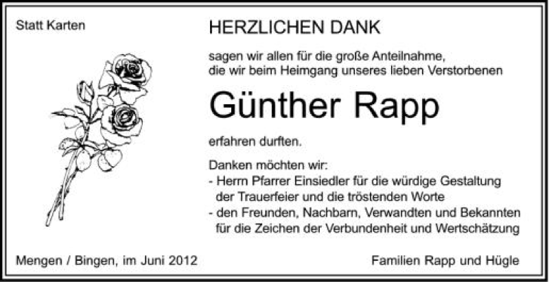  Traueranzeige für Günther Rapp vom 06.06.2012 aus Schwäbische Zeitung