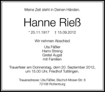 Anzeige von Hanne Rieß von Schwäbische Zeitung